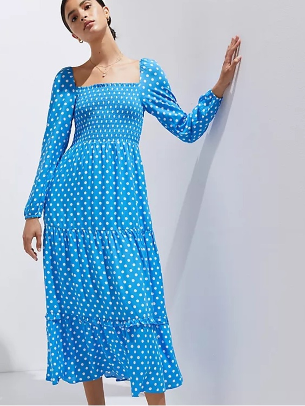 Anthropologie dolan Bright Blue Polka Dot Smocked Midi Dress